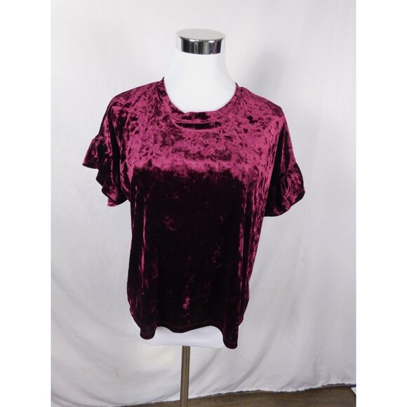 Altar'd State Shirt Womens Small Burgundy Crushed Velvet Short Ruffle Sleeve Top - Picture 1 of 10